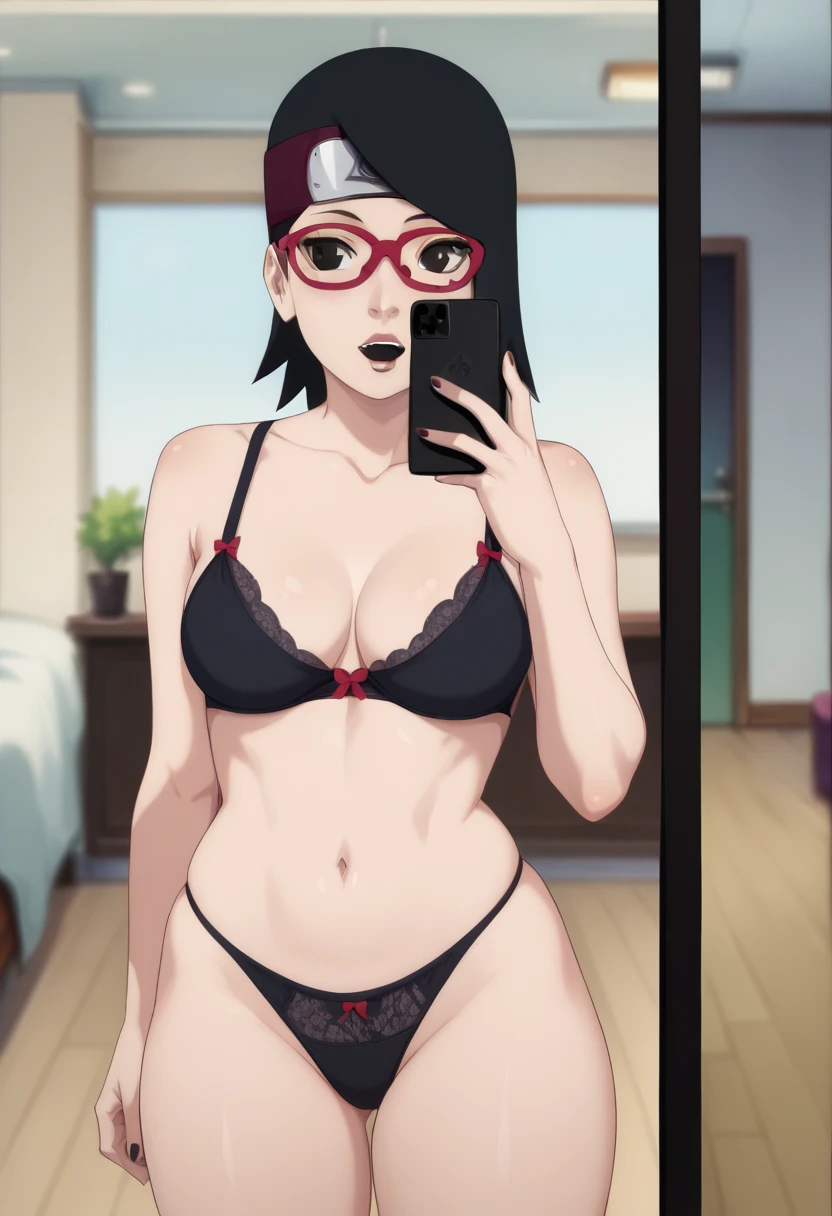 Sarado Uchiha , short black hair,  black eyes ,  red glasses , middle abdomen ,  thick thighs healed in front of the mirror with cell phone in hand, panties, black dental floss, sexy black bra healed abdomen thick thighs sexy 