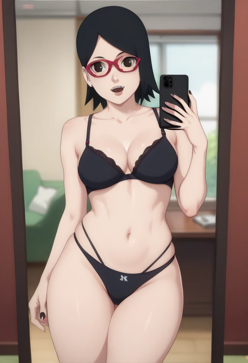 Sarado Uchiha , short black hair,  black eyes ,  red glasses , middle abdomen ,  thick thighs healed in front of the mirror with cell phone in hand, panties, black dental floss, sexy black bra healed abdomen thick thighs sexy 