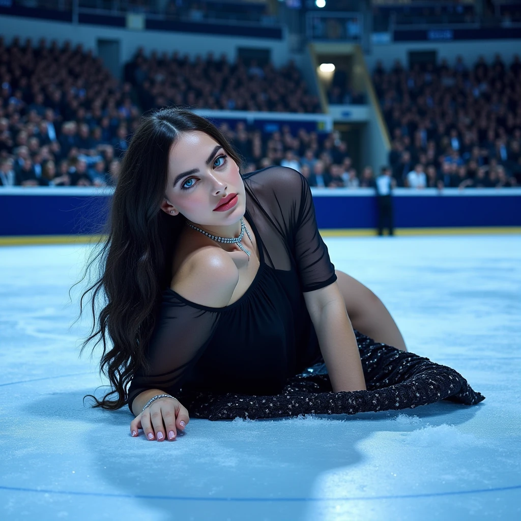  Hyper realistic oil painting . 19 year old young woman,  beautiful Russian with porcelain skin . pale skin and red cheeks ,  She has long jet black hair LACIO powerful look with green eyes, Wearing a black dress with silver diamonds,   on the skating rink modeling , She is looking directly at the spectator posing on her back r,  on an ice rink with an audience and against blue light .  digital art REALISTIC COMIC ANIMATION OIL 