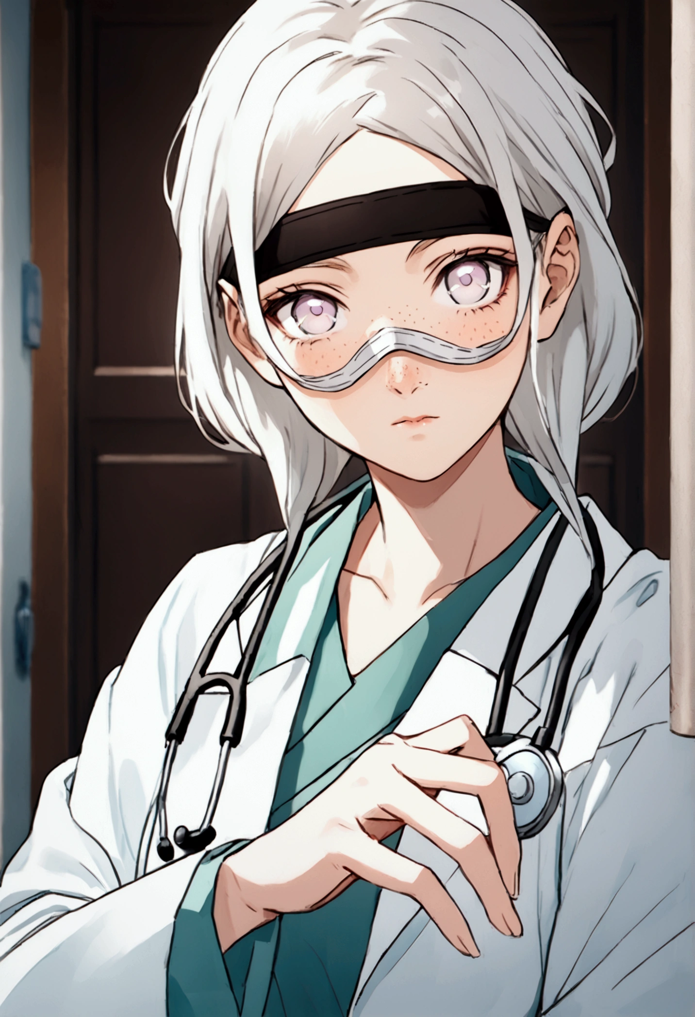 Maomao from apothecary diaries, white eyes, perfect hands, light freckles, dressed as a doctor, yellow konoha forehead protector, hospital background