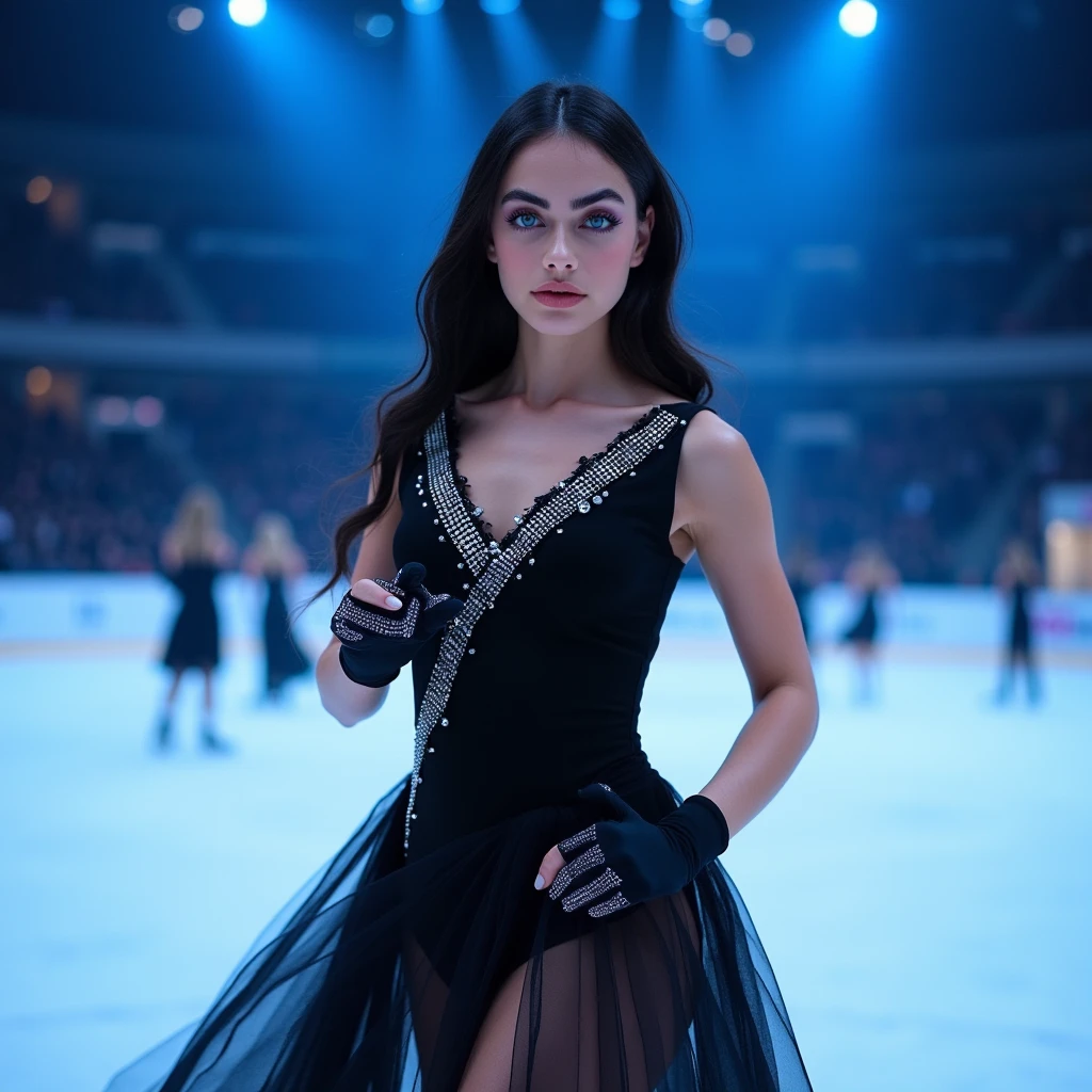  Hyper realistic oil painting . 19 year old young woman,  beautiful Russian with porcelain skin . pale skin and red cheeks ,  She has long jet black hair LACIO powerful look with green eyes, Wearing a black dress with silver diamonds,   on the skating rink modeling , She is looking directly at the spectator posing on her back r, An ice midfielder with an audience and against blue light.  digital art REALISTIC COMIC ANIMATION OIL 