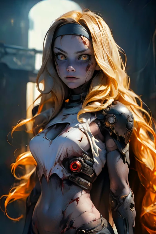 Blonde girl ((detallada)),  scared , white eyes, Has a headband,  futuristic armor ,  dystopic future , alas,  blood on her face, lost look ,  dark cyberpunk background ,  lighting light dark, mysterious,  background creatures 