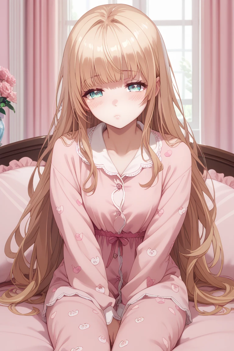 Character Shiina, beautiful face, blushing, sleepy eyes, senyum tipis,  Wearing pink pajamas ,  luxurious pink room, 1 gadis,  alone ,