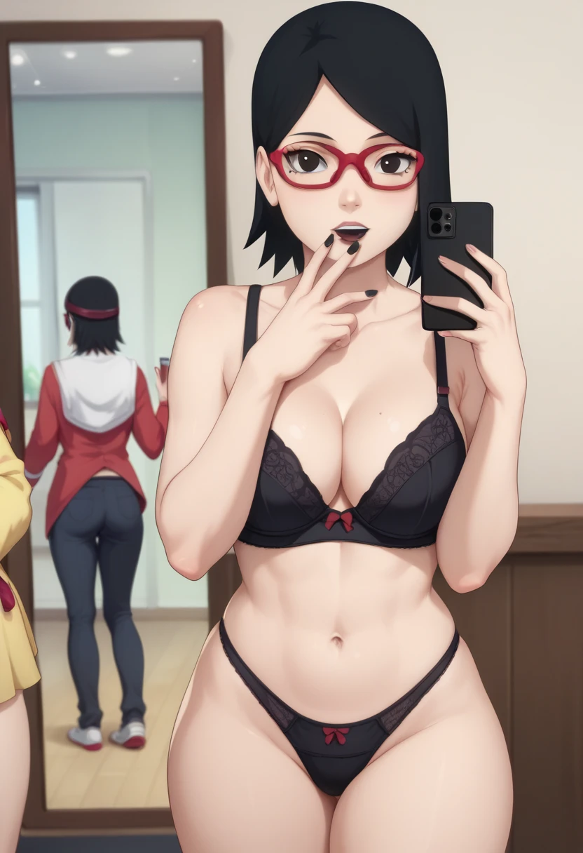 Sarado Uchiha , short black hair,  black eyes ,  red glasses , middle abdomen ,  thick thighs healed in front of the mirror with cell phone in hand, panties, black dental floss, sexy black bra healed abdomen thick thighs sexy 