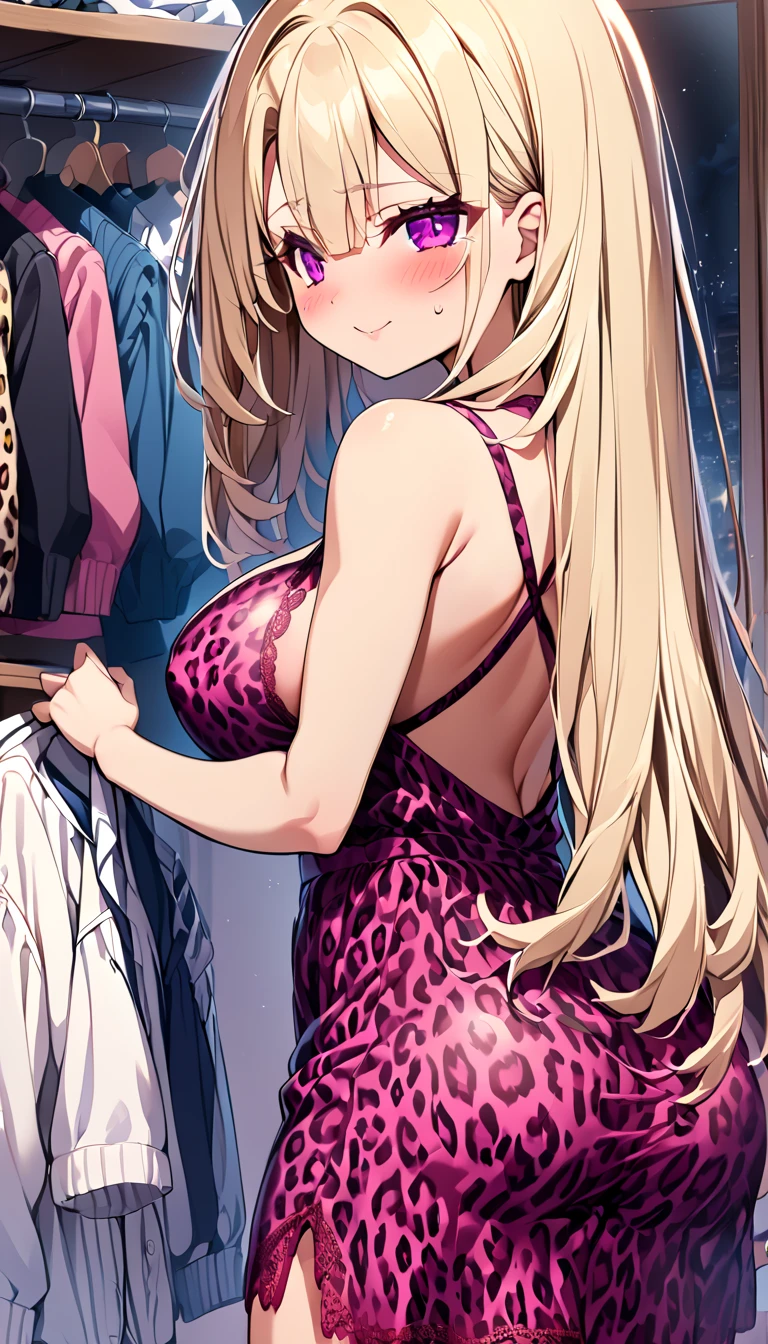  1 girl　 cute girl　 anime style 　Anime Face　 anime style　Beauty　Big Breasts　magenta leopard print with lace ブラジャー　magenta leopard print with lace Ｔback　very small Ｔback　Extremely thin Ｔback　Blonde hair　 straight hair　 long hair　 room at home with lots of clothes　Changing clothes　no nudity 　 no nudity