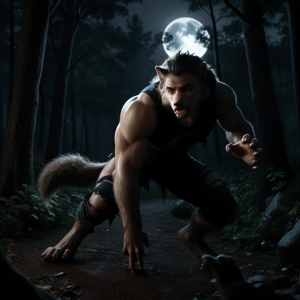 Werewolf transformation, single,  man, dynamic pose, detailed fur:0.9, skin:1.5, [human nose: wolf nose:0.3], human face, paws, touch bare tail, in pain, confused, torn clothes, deep night, darkness, forest, full moon, drawing style, 
