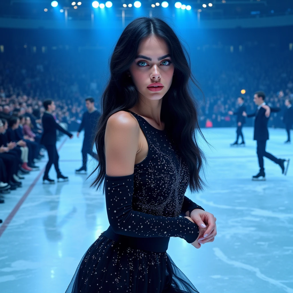  Hyper realistic oil painting . 19 year old young woman,  beautiful Russian with porcelain skin . pale skin and red cheeks ,  She has long jet black hair LACIO powerful look with green eyes, Wearing a black dress with silver diamonds,   on the skating rink modeling , She is looking directly at the spectator posing on her back r, An ice midfielder with an audience and against blue light.  digital art REALISTIC COMIC ANIMATION OIL 