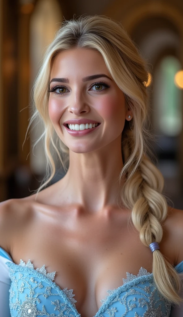 A stunning portrait of Ivanka Trump as Elsa smiling , she is sexy , queen of arendelle, young and beautiful, hyper realistic, real portrait, backlit, exquisite features, cleavage, sexy, seductive, interior or an ornate castle ballroom with high ceilings, show skin