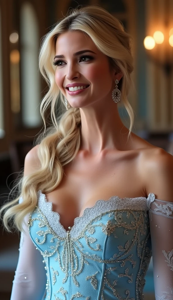 A stunning portrait of Ivanka Trump as Elsa smiling , she is sexy , queen of arendelle, young and beautiful, hyper realistic, real portrait, backlit, exquisite features, cleavage, sexy, seductive, interior or an ornate castle ballroom with high ceilings, show skin