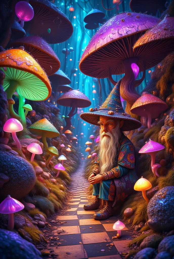 The image depicts a fantastical scene featuring a whimsical wizard sitting in a vibrant forest filled with colorful mushrooms. The wizard has a long, multicolored beard and wears a conical hat adorned with patterns. Surrounding him are glowing orbs and various types of luminescent mushrooms, creating a magical atmosphere. The pathway ahead is checkered, adding to the enchanting and surreal quality of the scene. This setting suggests a realm of magic and fantasy, often associated with fairy tales and mythology.