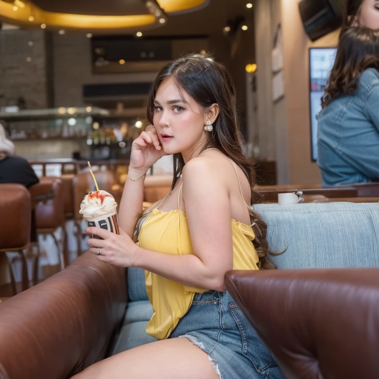 1 sexy woman in underwear , huge large breasts, huge large round ass,huge large bubble butt , eating french fries at McDonald
