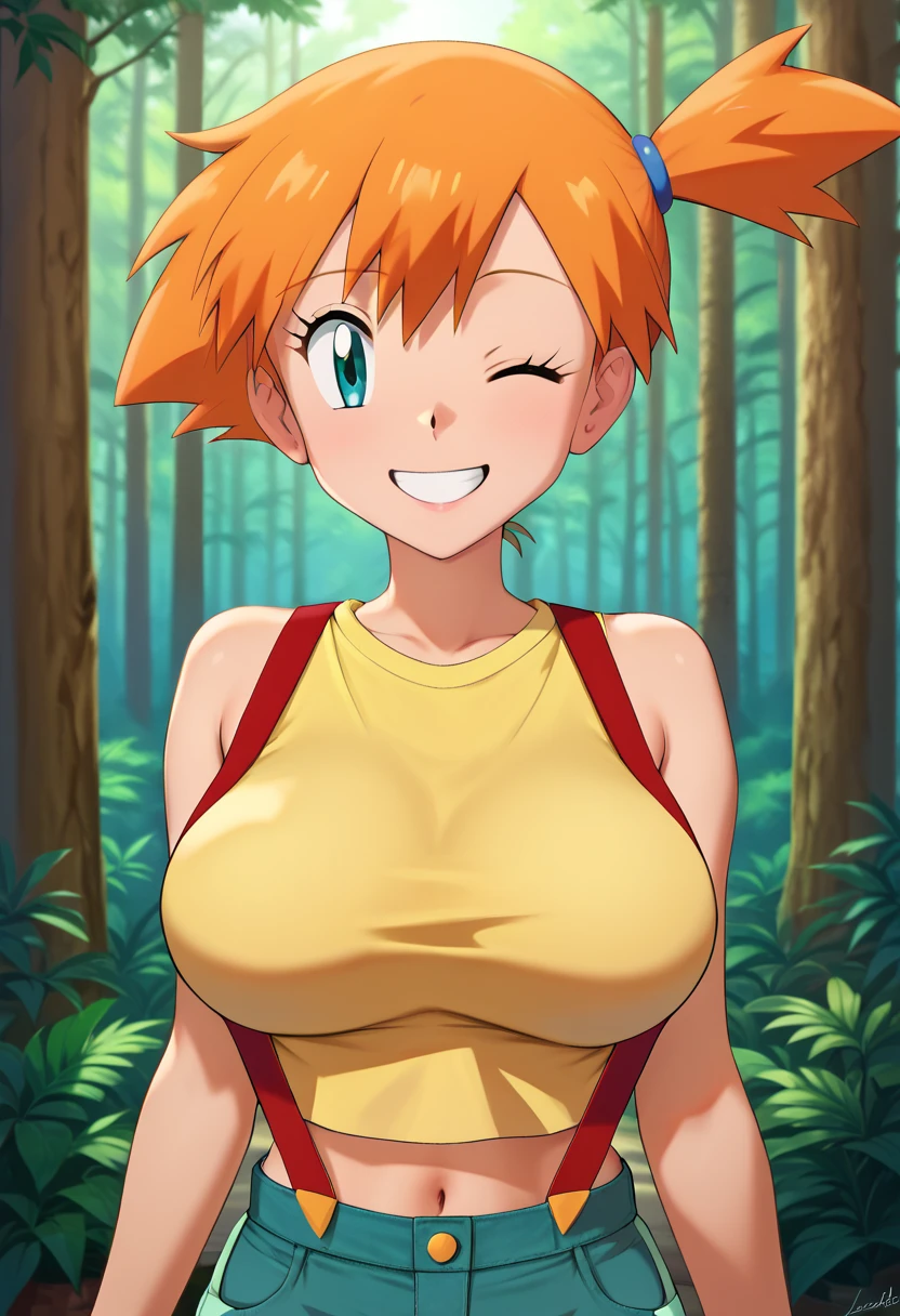 (master piece), (best quality), (8k), (ultra high resolution), (highest quality), (anime style), (best writing), (beautiful face), (masterpiece), (highest quality), (detailed beautiful face and eyes), (textile shading), (upper body), (forest), 1girl, misty \(pokemon\), aqua eyes, orange hair, bangs, side ponytail, hair tie, short hair, yellow shirt, sleeveless, midriff, red suspenders, blue shorts, red sneakers, large breasts, beautiful breasts, smile, one eye closed, two heads, conjoined