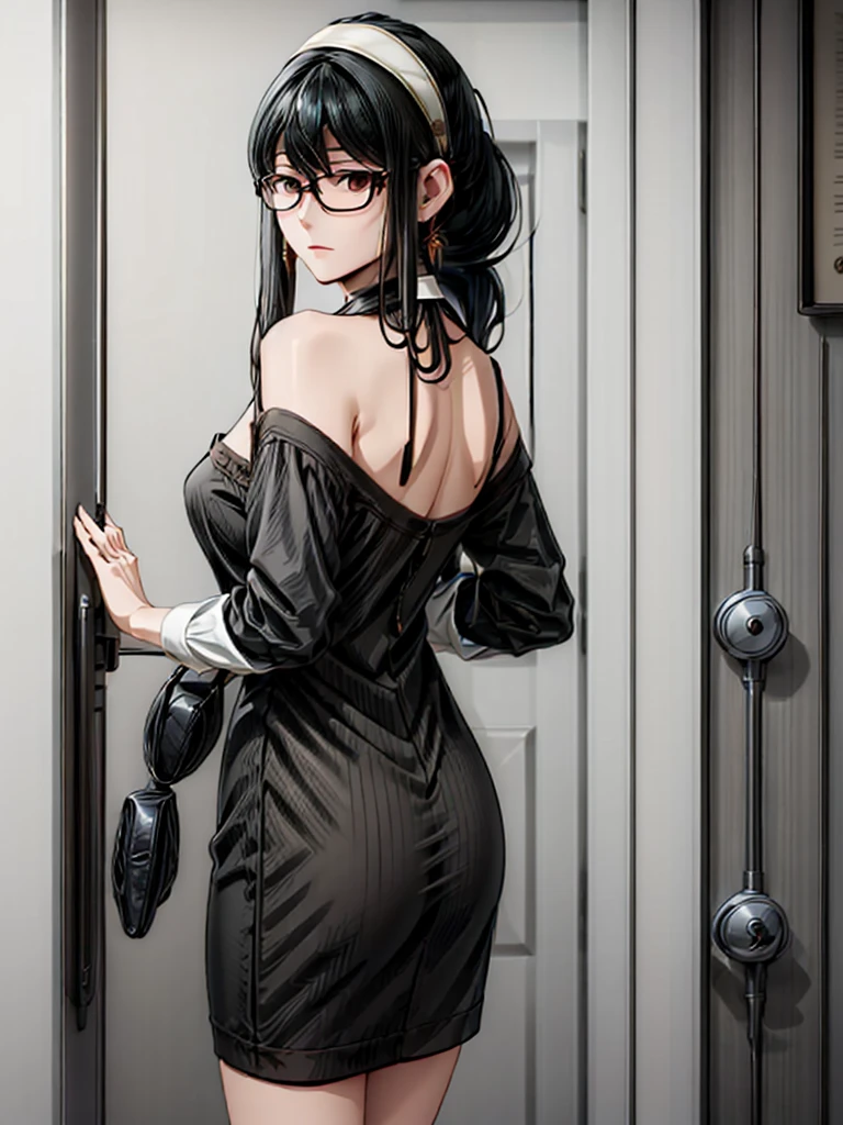 (masterpiece, best quality:1.2), detailed face, detailed eyes, sexy elegant woman, long hair, high heeled, shiny skin, welcomes you at the door, little black dress, random collar, ponytail hair, cool attitude, cool glasses, exciting, cool, (perfect hands:1)