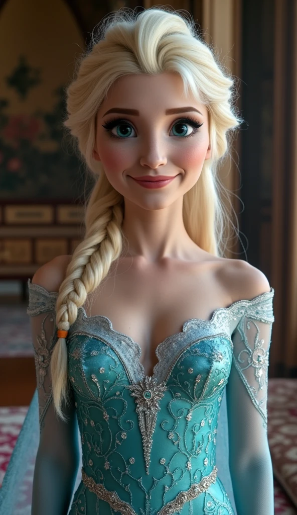 A stunning portrait of piper perri as Elsa smiling , she is sexy , queen of arendelle, young and beautiful, hyper realistic, real portrait, backlit, exquisite features, cleavage, sexy, seductive, interior or an ornate castle ballroom with high ceilings, show skin, blue eyes