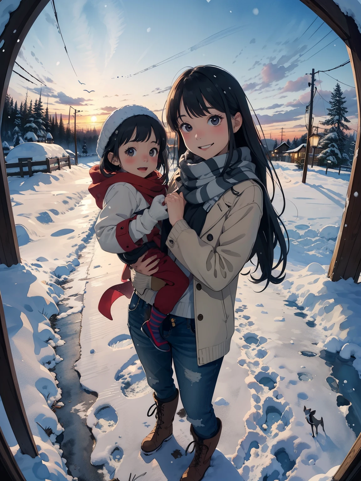 masterpiece，  top quality，   high image quality，(    super flat   ，    flat shading  )，    fisheye lens，  beautiful petite trained young mother and very cute trained daughter:1.25，    warm scarf   ，(naked)，    long hair, Glass，       boots, smile, smile, White Breath，fun, play, winter, snow, 新snow，dusk，   Beautiful Sunsets   ，Wide angle,       bright color , watercolor,    Ghibli style ，Strong winds，    girl&#39;Lure，