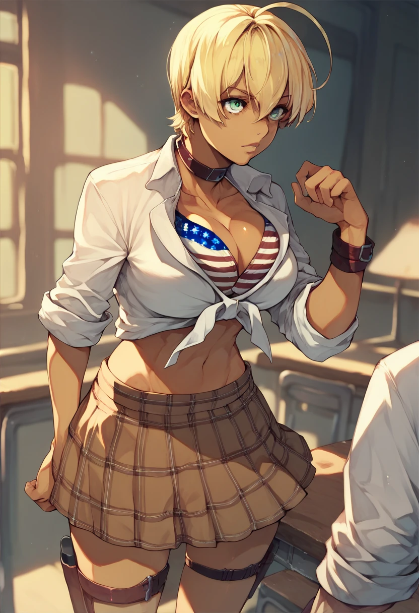 mito ikumi, dark-skinned female, blonde hair, short hair, ahoge
collar, white shirt, tied shirt, sleeves rolled up, american flag bikini, cleavage, brown skirt, plaid skirt, midriff, thigh strap, large breasts