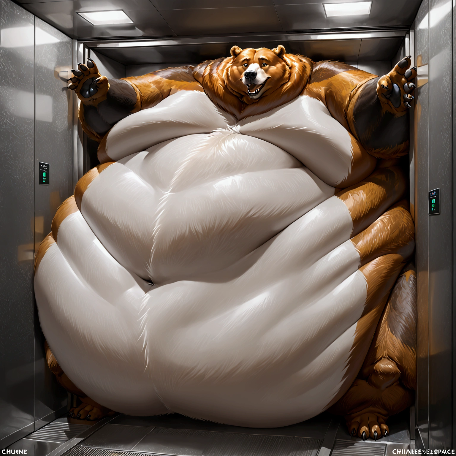 Very Extremely Morbidly-Obese Grizzly Bear with unbelievably Very very very Extremely Massive Overhang white Belly, Stuck inside a small elevator. The bear's enormous belly pushes against all sides of the elevator walls, bulging tightly, leaving no space to move. The elevator doors are blocked by its immense form, and the bear's expression shows strain and confusion in the cramped, confined space."