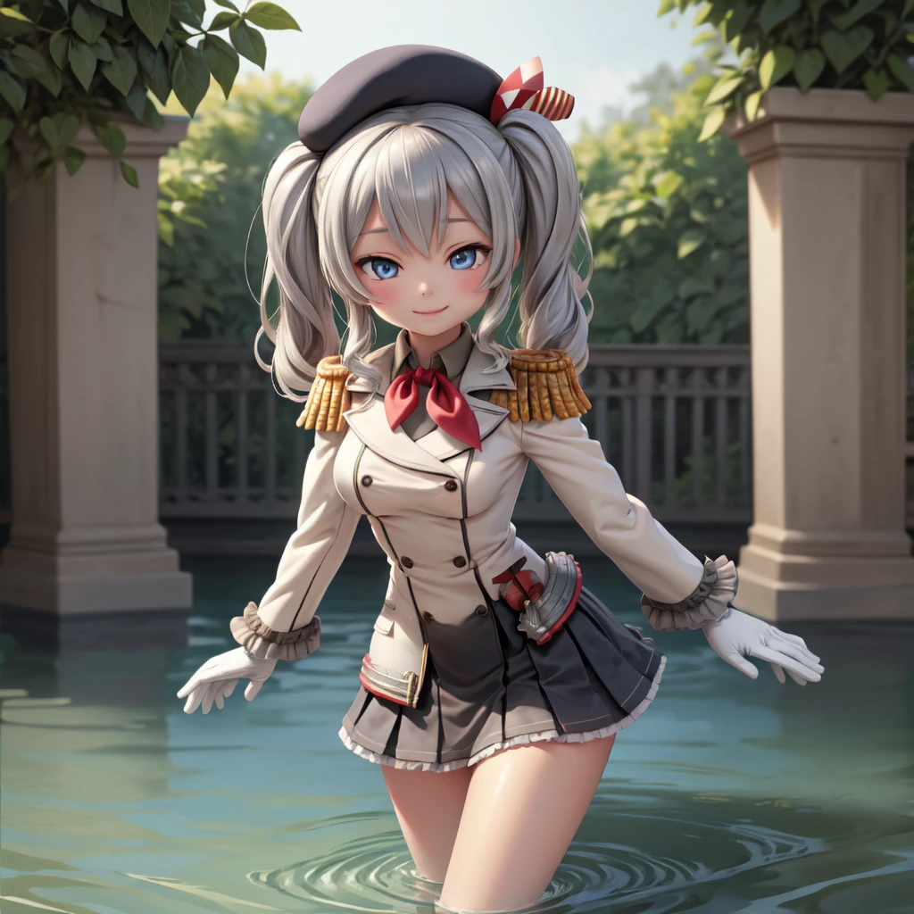 (masterpiece, best quality:1.2), solo, 1girl, kashimadef, smile, looking at viewer, wading, twintails, beret, military uniform, neckerchief, epaulettes, frilled sleeves, white gloves, skirt 