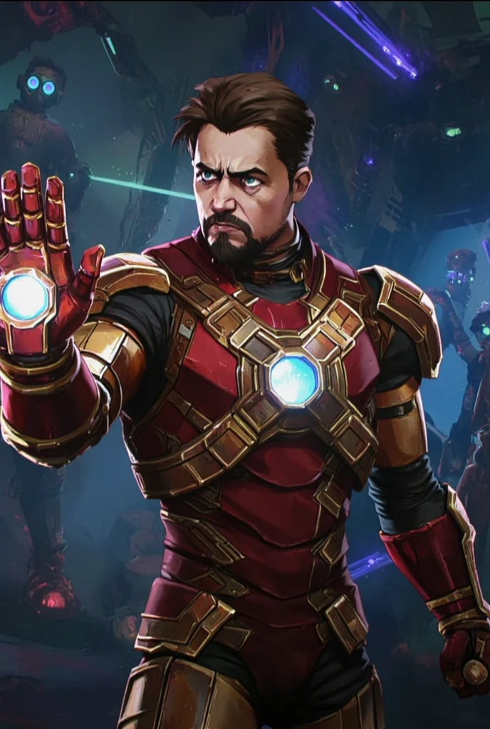 A highly detailed illustration of Iron Man in the Arcane art style, wearing his iconic red and gold armor but with a steampunk twist. The armor is adorned with glowing blue reactor cores and intricate brass detailing, with gears and tubes visible. Tony Stark, with his sharp goatee and confident smirk, stands in a dark, futuristic workshop surrounded by holographic blueprints, his gauntlet raised, glowing with pulsating energy. The background is filled with neon lights and a smoky atmosphere.