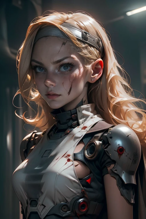 Blonde girl ((detallada)),  scared , white eyes, Has a headband,  futuristic armor ,  dystopic future , alas,  blood on her face, lost look ,  dark cyberpunk background ,  lighting light dark, mysterious,  background creatures 