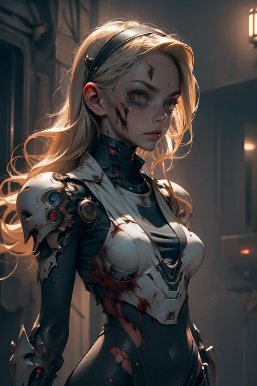 Blonde girl ((detallada)),  scared , white eyes, Has a headband,  futuristic armor ,  dystopic future , alas,  blood on her face, lost look ,  dark cyberpunk background ,  lighting light dark, mysterious,  background creatures 