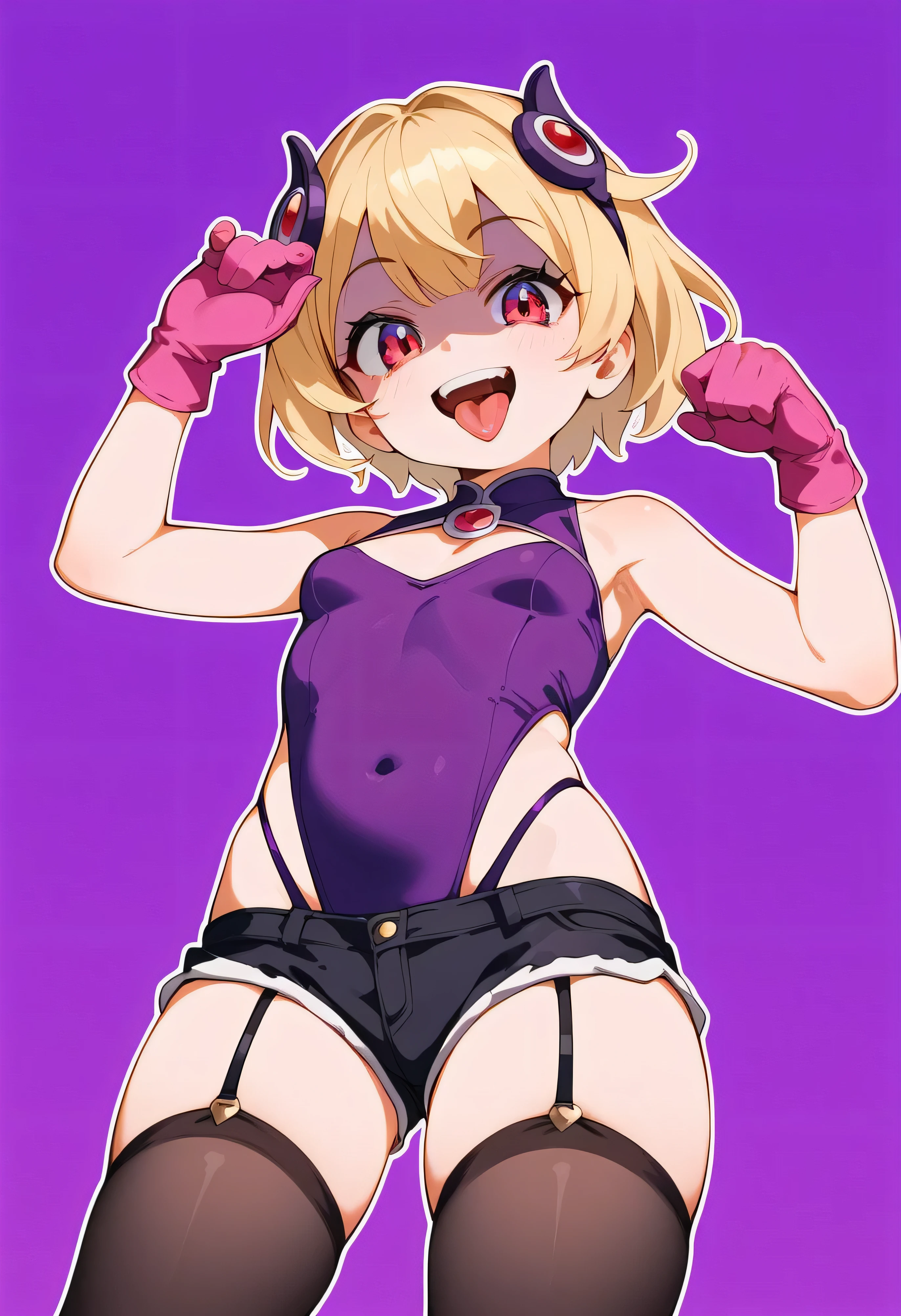 masterpiece, best quality, good quality, newest, CEL, AnFit, red eyes, blonde hair, purple crop top, 1girl, tongue out, black thighhighs, looking at viewer, purple gloves, cowboy shot, short shorts, black shorts, small breasts, highleg panties, hair ornament, purple background, underwear, hand up, panty straps, smile, cleavage cutout, simple background, open mouth, purple panties, two-tone background, pink gloves, sidelocks, outline1girl, blonde hair,masterpiece , best quality, , lookin under, ,, smile, purple brassiere, from below,evil laugh, small girl,small loli,beautiful body,villain pose,short hair,shaded face(eyes in shadow)