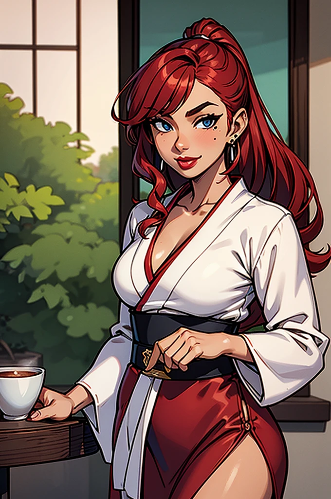 1girl, modern fantasy, small sultry japanese woman with tanned skin, tan skin, 18 years old, short height, round fake breasts, cleavage, wavy (crimson hairs) with side bang, very long hair ponytail, (white kimono top), long sleeves, ((very long green pleated skirt:0.7)) with (slit on the side), crimson obi, vibrant blue eyes, mischevious smile, mole under right eye, loop earrings, red lips, full lower lip, (full lower lip),  flirting in a coffee shop, assertive, side_slit, crimson hairs, ((green skirt)), white kimono top.