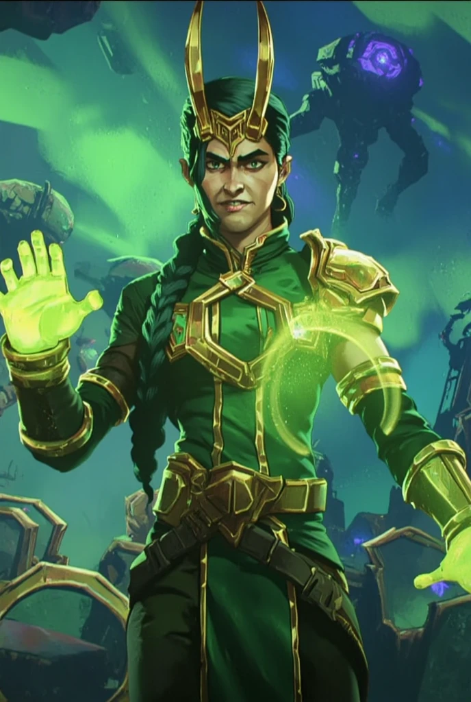 A vibrant depiction of Loki in the Arcane art style, with his emerald green and gold outfit redesigned as a sleek, mystical robe adorned with glowing runes. His mischievous grin and piercing green eyes exude charisma, and his iconic horned helmet is reimagined with sharper, more elegant curves. The background is a magical Asgardian skyline with floating structures and auroras illuminating the night. Glowing trails of green magic swirl around his hands, highlighting his cunning persona.