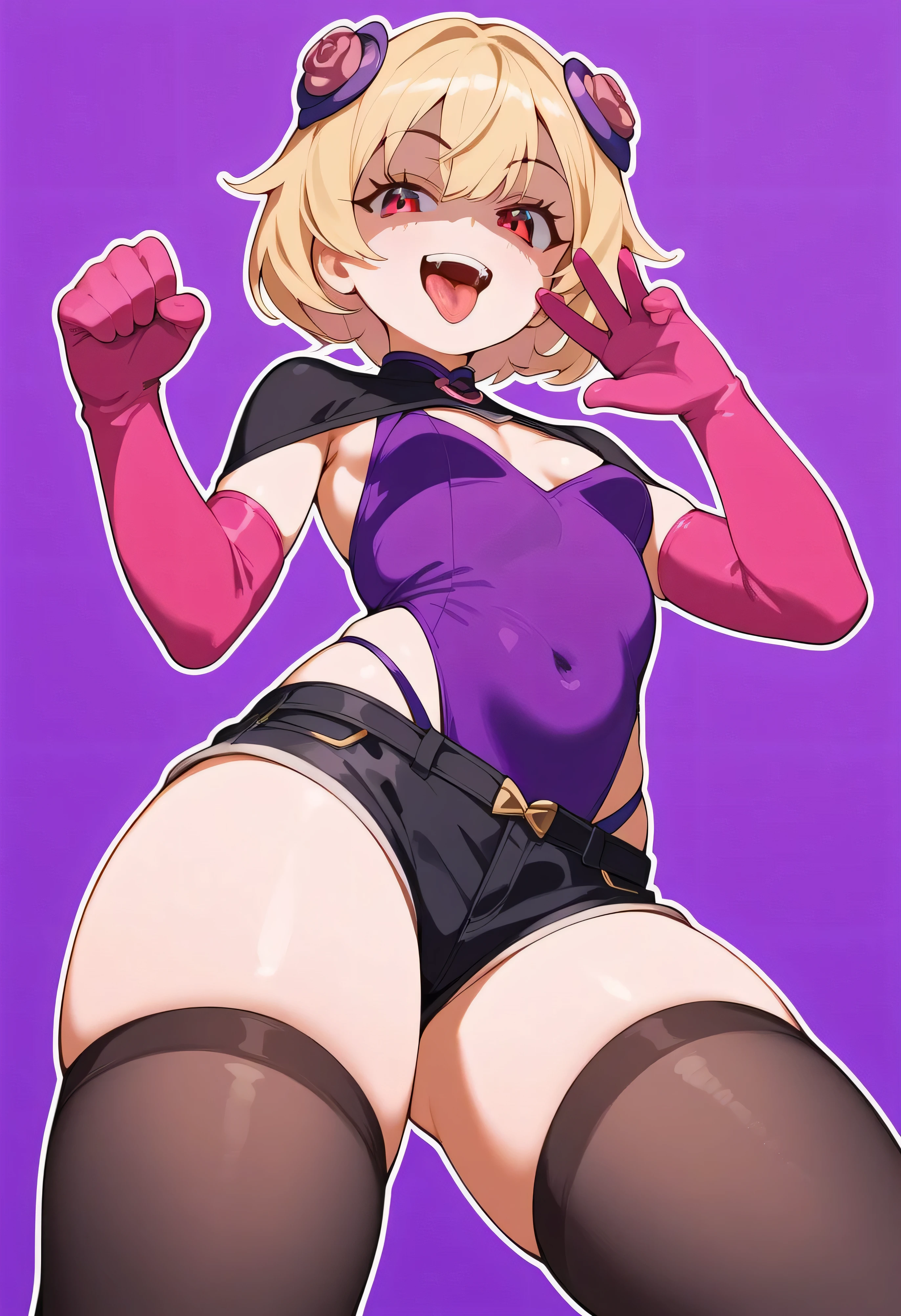 masterpiece, best quality, good quality, newest, CEL, AnFit, red eyes, blonde hair, purple crop top, 1girl, tongue out, black thighhighs, looking at viewer, purple gloves, cowboy shot, short shorts, black shorts, small breasts, highleg panties, hair ornament, purple background, underwear, hand up, panty straps, smile, cleavage cutout, simple background, open mouth, purple panties, two-tone background, pink gloves, sidelocks, outline1girl, blonde hair,masterpiece , best quality, , lookin under, ,, smile, purple brassiere, from below,evil laugh, small girl,small loli,beautiful body,villain pose,short hair,shaded face(eyes in shadow)