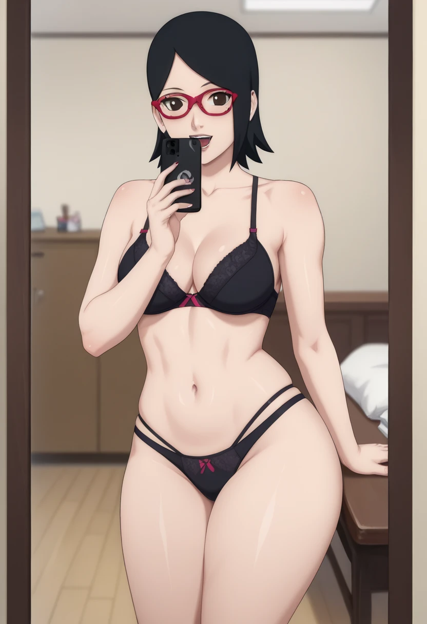 Sarado Uchiha , short black hair,  black eyes ,  red glasses , middle abdomen ,  thick thighs healed in front of the mirror with cell phone in hand, panties, black dental floss, sexy black bra healed abdomen thick thighs sexy made medium large abdomen healed big thick thighs sexy