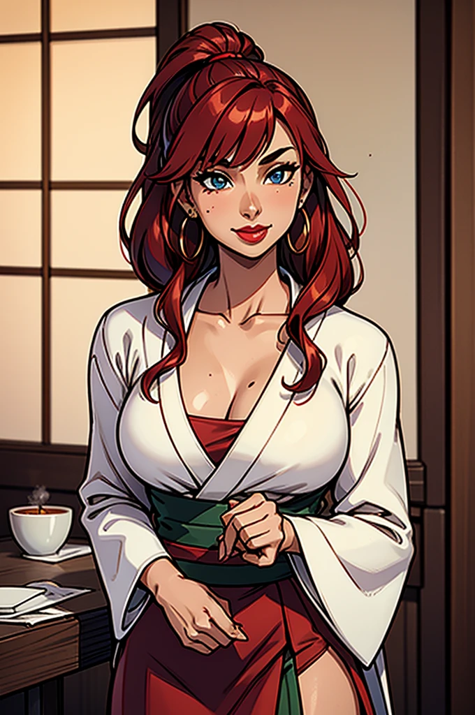 1girl, modern fantasy, small sultry japanese woman with tanned skin, tan skin, 18 years old, short height, round fake breasts, cleavage, wavy (crimson hairs) with side bang, very long hair ponytail, (white kimono top), long sleeves, ((very long (green pleated) skirt:0.7)) with (slit on the side), crimson obi, vibrant blue eyes, mischevious smile, mole under right eye, loop earrings, red lips, full lower lip, (full lower lip),  flirting in a coffee shop, assertive, side_slit, crimson hairs, ((green skirt)), white kimono top.