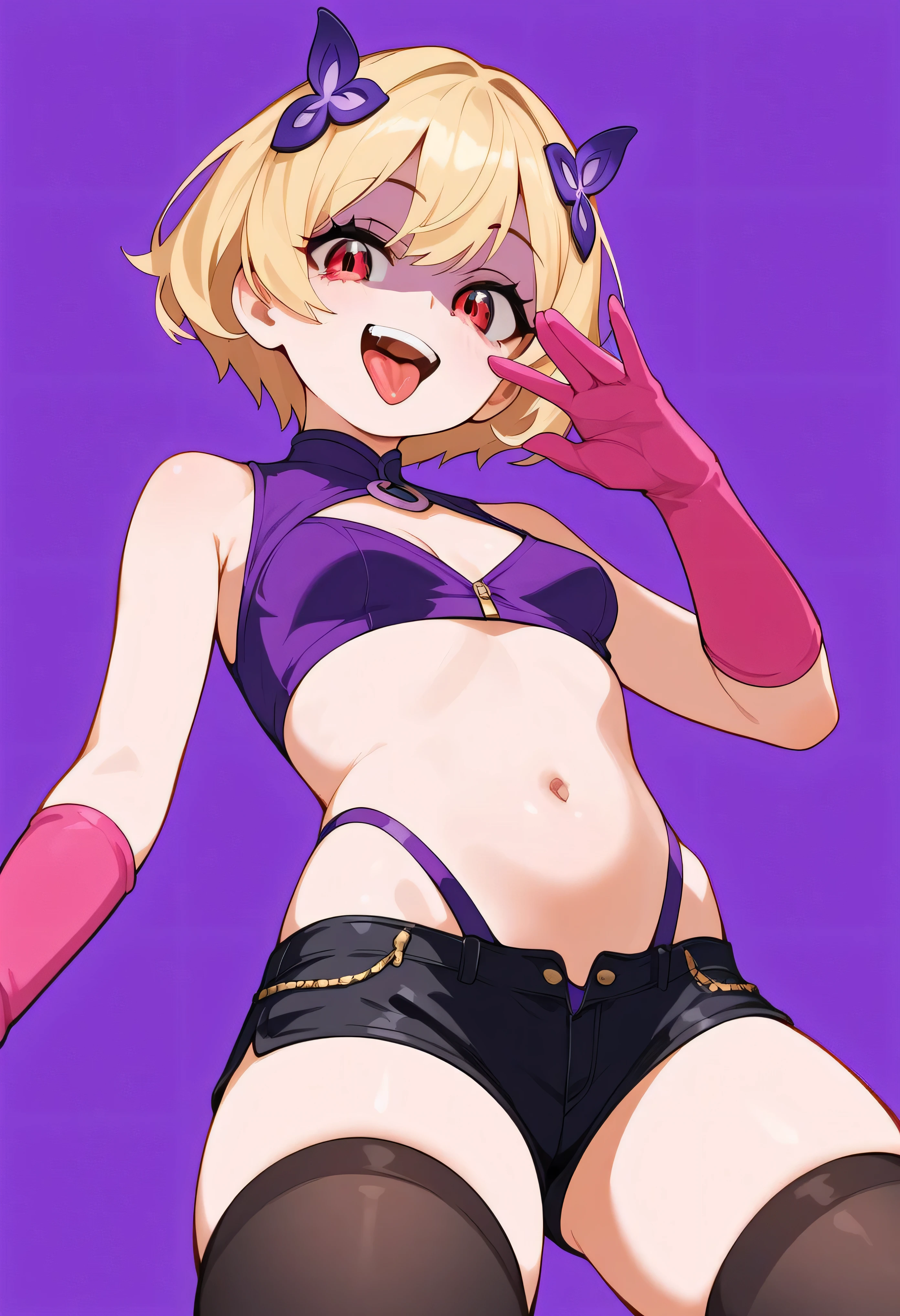 masterpiece, best quality, good quality, newest, CEL, AnFit, red eyes, blonde hair, purple crop top, 1girl, tongue out, black thighhighs, looking at viewer, purple gloves, cowboy shot, short shorts, black shorts, small breasts, highleg panties, hair ornament, purple background, underwear, hand up, panty straps, smile, cleavage cutout, simple background, open mouth, purple panties, two-tone background, pink gloves, sidelocks, outline1girl, blonde hair,masterpiece , best quality, , lookin under, ,, smile, purple brassiere, from below,evil laugh, small girl,small loli,beautiful body,villain pose,short hair,shaded face(eyes in shadow)