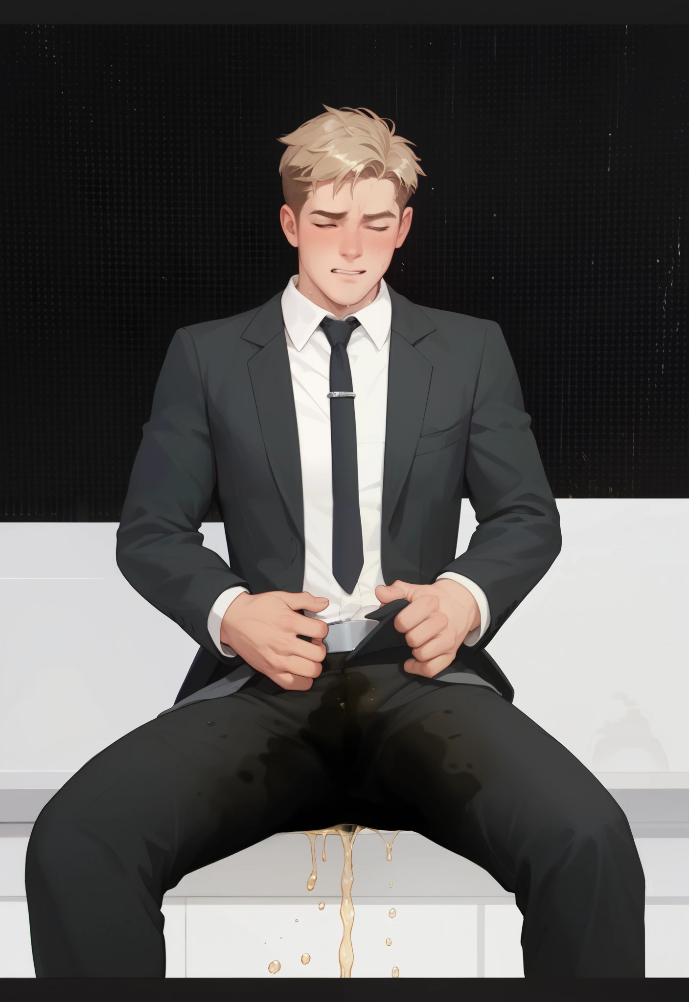 best quality, masterpiece, bodybuilder man, (short blond hair), wearing ripped business suit, no bottoms, anal sex with a grinning man wearing fancy suit, carry fuck, grab breast, grab hair, cumshot, projectile cum, crying, blushing, sexy, gay, homoerotic, extremely dramatic shadows, front view, perfection, no watermark, no logo, no signature