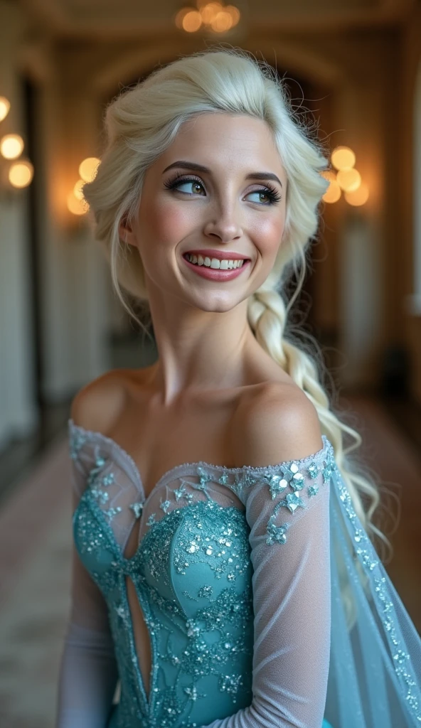 A stunning high angle portrait of piper perri as Elsa smiling , she is sexy , queen of arendelle, young and beautiful, hyper realistic, real portrait, backlit, exquisite features, cleavage, sexy, seductive, interior or an ornate castle ballroom with high ceilings, show skin, blue eyes, she is naked, exposed breasts