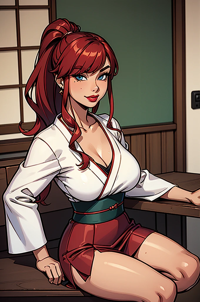 1girl, modern fantasy, small sultry japanese woman with tanned skin, tan skin, 18 years old, short height, (round) fake breasts, cleavage, wavy (crimson hairs) with side bang, very long hair ponytail, (white kimono top), long sleeves, ((very long (green pleated) skirt:0.7)) with (slit on the side), crimson obi, vibrant blue eyes, mischevious smile, mole under right eye, loop earrings, red lips, full lower lip, (full lower lip),  flirting in a coffee shop, assertive, side_slit, crimson hairs, ((green skirt)), white kimono top.