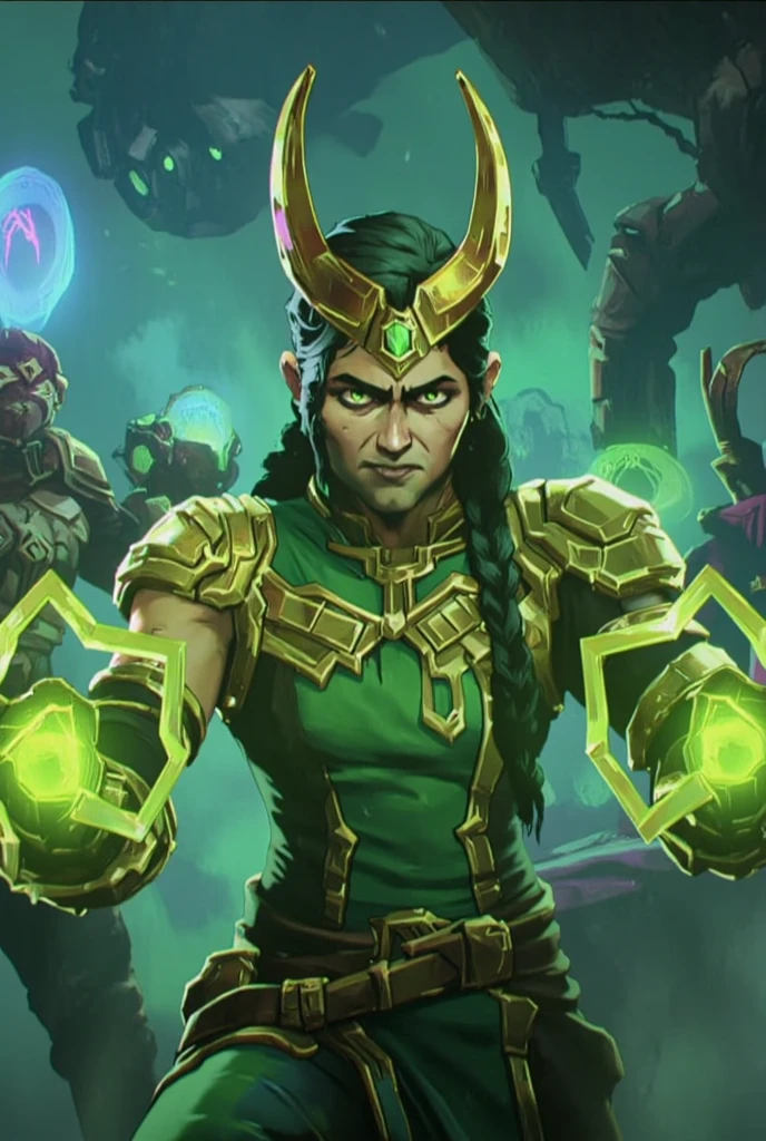 A vibrant depiction of Loki in the Arcane art style, with his emerald green and gold outfit redesigned as a sleek, mystical robe adorned with glowing runes. His mischievous grin and piercing green eyes exude charisma, and his iconic horned helmet is reimagined with sharper, more elegant curves. The background is a magical Asgardian skyline with floating structures and auroras illuminating the night. Glowing trails of green magic swirl around his hands, highlighting his cunning persona.