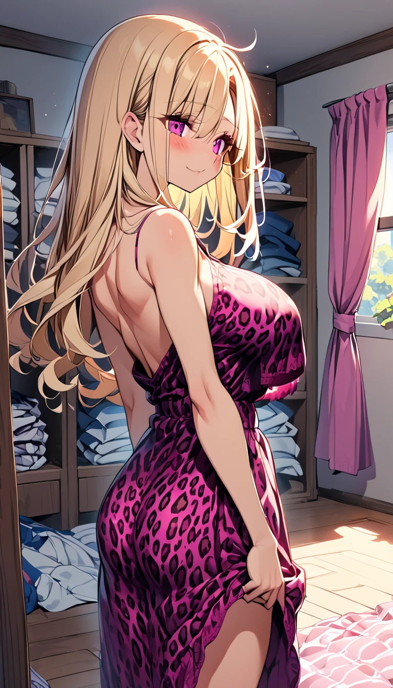  1 girl　 cute girl　 anime style 　Anime Face　 anime style　Beauty　Big Breasts　magenta leopard print with lace ブラジャー　magenta leopard print with lace Ｔback　very small Ｔback　Extremely thin Ｔback　Blonde hair　 straight hair　 long hair　 room at home with lots of clothes　Changing clothes　no nudity 　 no nudity