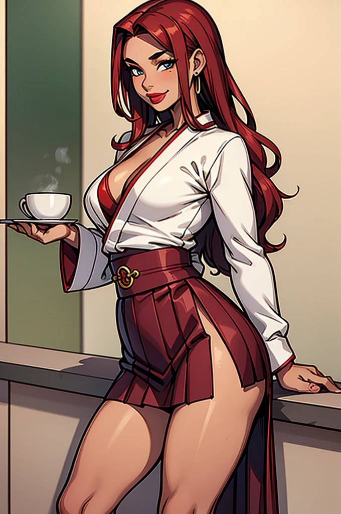 1girl, modern fantasy, small sultry japanese woman with tanned skin, tan skin, 18 years old, short height, (round) fake breasts, cleavage, wavy (crimson hairs) with side bang, very long hair ponytail, (white kimono top), long sleeves, ((very long (green pleated) skirt:0.7)) with (slit on the side), crimson obi, vibrant blue eyes, mischevious smile, mole under right eye, loop earrings, red lips, full lower lip, (full lower lip),  flirting in a coffee shop, assertive, side_slit, crimson hairs, ((green pleated skirt):1), stocking