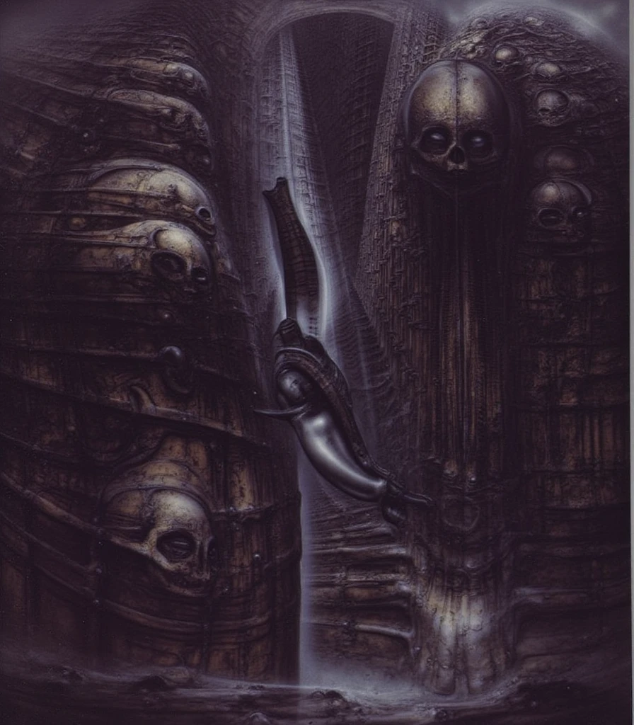The image is a detailed view of H.R. Giger's biomechanical tableau \" Landscape XVI \" plate, featuring.
(airbrush painting, Giger's alien in front of broken alien ship in landscape, natural light, sharp focus, illustration, highly detailed, digital painting, concept art, matte, art by gric and kozhanov and moebius and Alphonse Mucha, masterpiece, HDR ,UHD , uplight, in HRGigerArhP style);1.
surrealistic painting of a monster with multiple tentacles and a body that looks like a brain, surrounded by a chaotic scene of swirling clouds and other monsters
It's a complex network of bones and organs in eldritch color scheme:a greenish-brown hue ,swirling gery and brown colors. The artwork is silverish and green brown, with an ivory bones prominently displayed. The image is highly detailed and intricate, almost like a 3d version of a medical sketchwork.
The piece is a tableau, most likely created with a India ink pen or pencil on paper, determined by the thin lines, shading techniques, and the texture of the paper, which is visible around the edges.
Used is pen, given the shading and variations in line weight visible in the image. Artist have used a variety of stylus with different degrees of hardness to achieve the shading effects.
The use of undersaturated green-grays dark contrasts creates a stark and graphic look. Is used a variety of linework techniques to create different textures. Fine, parallel lines create a smooth, metallic texture,while thicker, more cursive lines suggest cables or wires.
Light source from the top highlights skeletals, pper part of foreground, lower part of image is in shadowupper part of foreground, lower part of image is in shadow.
The art performance showcases the artist’s skills in observation and rendering. The level of detail in the piece suggests a close study of real bone specimens and mechanics. The artist has skillfully used shading techniques to create a convincing illusion of three-dimensionality on a flat surface. The wrinkles