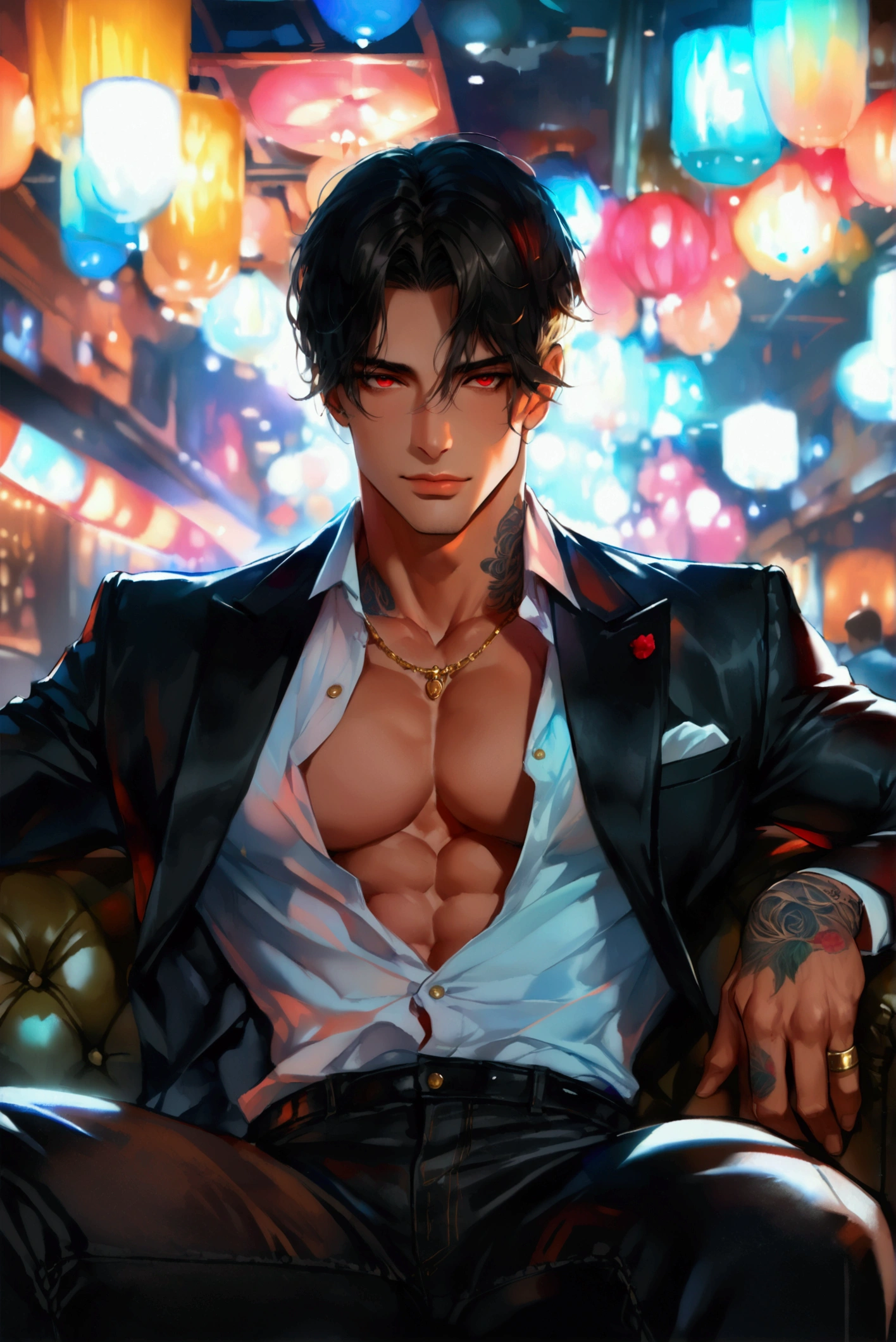 (((masterpiece))), (8k), (pseudo realism), (intricate details), (full focus), (full body photo), 2male, mafia, (1male with black hair layered onto neck, bright red eyes, sennia skin, muscular build, heavily tattooed, wearing a black suit with an unbuttoned white shirt, sitting on a lounge sofa) + (1male with crew cut light blonde hair, bright red eyes, medium-tan skin, toned build, wearing a black shirt unbuttoned and jeans, lying on a lounge sofa with head resting on the lap of the dark-haired male), dark nightclub background, soft light focus, seductive gaze, beautiful features, beautiful, confident, sexy, realistic, (EyesHD: 1.5), (masterpiece), (best quality), (ultra-detailed), (very aesthetic), (sharp focus), (depth of field), (vibrant colors), (ray tracing), (best lighting), detailed illustration), (detailed background), 8k, (cinematic), (beautiful face), (beautiful eyes), realistic facial features, detailed features, realistic features, defined features, detailed hair, semi-realistic style, semi-realistic, attractive features, masculine, dark colors, dark lighting, painted style, detailed style