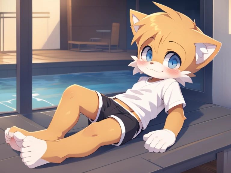 Furry boy cute cat short hairstyle detailed body white shirt underpants shorts barefoot 