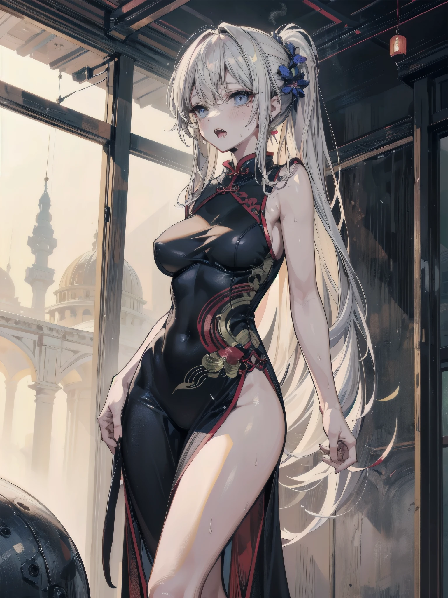 Official Art, Masterpiece, Sharp Focus, (Beautiful Gorgeous Cute Chinese Woman: 1.3), (Beautiful and Lovely Chinese: 1.3), Chinese Beauty, Delicate Beautiful Hair and Eyes and Face Reaching the Ground, Realistic, Ultra-detailed, Beautiful Girl, Fine Light Rain, Wet Clothes, Glowing White Particles, (Sidelighting: 1.2), Sunlight, White Clouds, Detailed Clouds, Slender, Cute Big Breasts Big Buttocks, Toothy Smile ((Laughing with Eyes Open)), Landscape, Long Straight Hair, Sexy facial expressions, mountains and rivers on background, damp clothing clinging to body curves, (cityscape:1.7), dynamic hair, long straight hair, delicate colored hair, glowing heterochromic pupils, (upper body tight vest, thong ), black stockings, pale skin, hair accessories, epic landscapes, collars and hair accessories, especially long hair