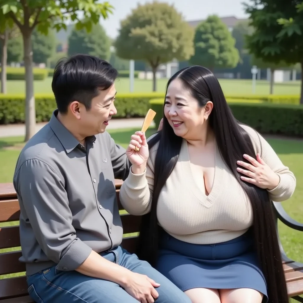 8k,Highest quality, masterpiece, Ultra-high resolution,(masterpiece:1.6, Highest quality), Intricate details, ((1female and male)),(( A young man combs the mature woman's ridiculously long black hair with a wooden comb.:1.5)),((A mature woman and a young man are sitting closely together on a bench in the garden:1.5)),((garden,bench,Wooden comb:1.2)),｛woman,Middle-aged woman in her 50s, japanese, full body, ((leaning foward, dynamic pose:1.3)),top of head, ((Absurdly long hair:1.5)), ((jet Black Hair)), ((forehead:1.5)),fat, ((huge breasts, gigantic breasts:1.5)), ((super Saggy breasts:1.5)), ((pale skin, shiny skin, red lips,Smiling happily)),((Cream colored sweater,blue Mini Skirt))｝,｛male,20th Generation, Grey Sweater,jeans, short hair , nervous expression entering the front door｝