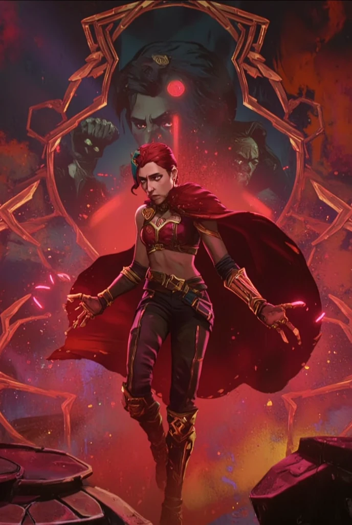 A dynamic illustration of Scarlet Witch in the Arcane art style, her red energy and red hair swirling around her in chaotic, luminous tendrils. Her outfit is an elaborate mix of gothic and modern designs, with a flowing crimson cloak, intricate corset, and glowing arcane symbols etched onto her sleeves. Wanda's eyes shine with a fiery red glow as she levitates, her arms outstretched, surrounded by shattered debris and an eerie magical aura. The background depicts a distorted, dreamlike reality breaking apart.