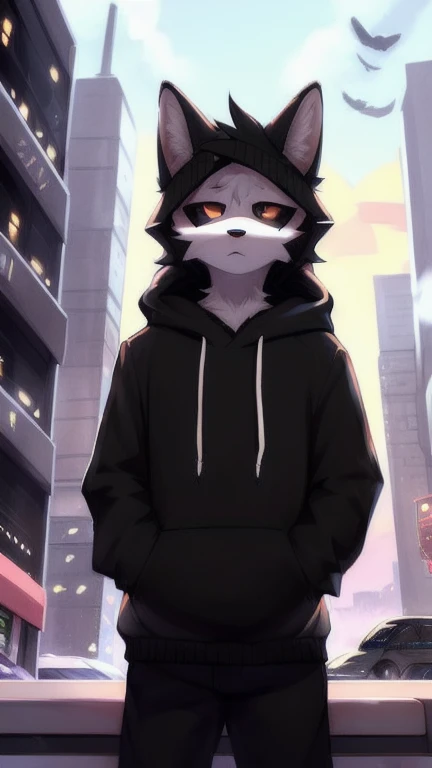 by zackary911, (café con soda:1.1), Hioshiru, zackary911, pure, anthropo, male, Alone, Clothes, by, 2022, black Clothes, hoodie, Clothes de abrigo negra,  eyes with eyelids , black hoodie,  cyberpunk city background, 