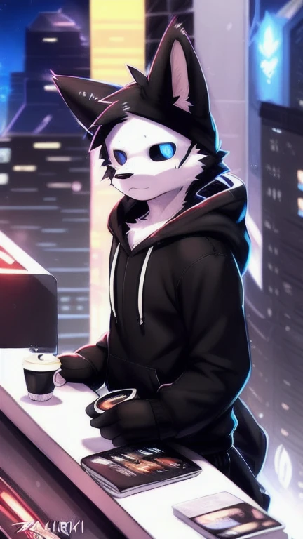 by zackary911, (café con soda:1.1), Hioshiru, zackary911, pure, anthropo, male, Alone, Clothes, by, 2022, black Clothes, hoodie, Clothes de abrigo negra,  eyes with eyelids , black hoodie,  cyberpunk city background, 