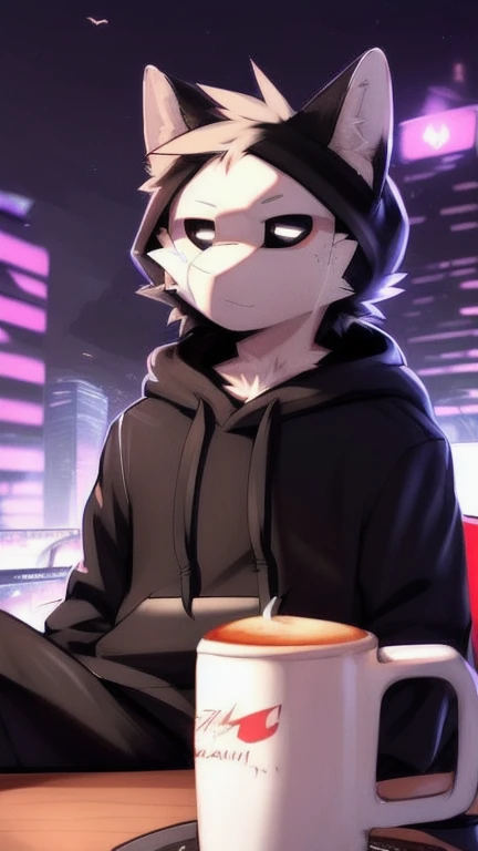 by zackary911, (café con soda:1.1), Hioshiru, zackary911, pure, anthropo, male, Alone, Clothes, by, 2022, black Clothes, hoodie, Clothes de abrigo negra,  eyes with eyelids , black hoodie,  cyberpunk city background, 