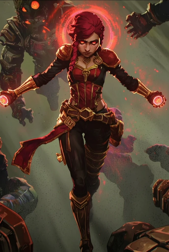 A dynamic illustration of Scarlet Witch in the Arcane art style, her red energy and red hair swirling around her in chaotic, luminous tendrils. Her outfit is an elaborate mix of gothic and modern designs, with a flowing crimson cloak, intricate corset, and glowing arcane symbols etched onto her sleeves. Wanda's eyes shine with a fiery red glow as she levitates, her arms outstretched, surrounded by shattered debris and an eerie magical aura. The background depicts a distorted, dreamlike reality breaking apart.