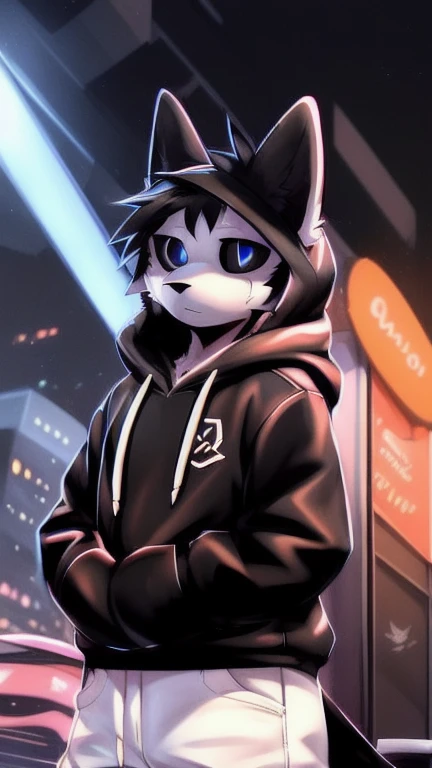 by zackary911, (café con soda:1.1), Hioshiru, zackary911, pure, anthropo, male, Alone, Clothes, by, 2022, black Clothes, hoodie, Clothes de abrigo negra,  eyes with eyelids , black hoodie,  cyberpunk city background, 