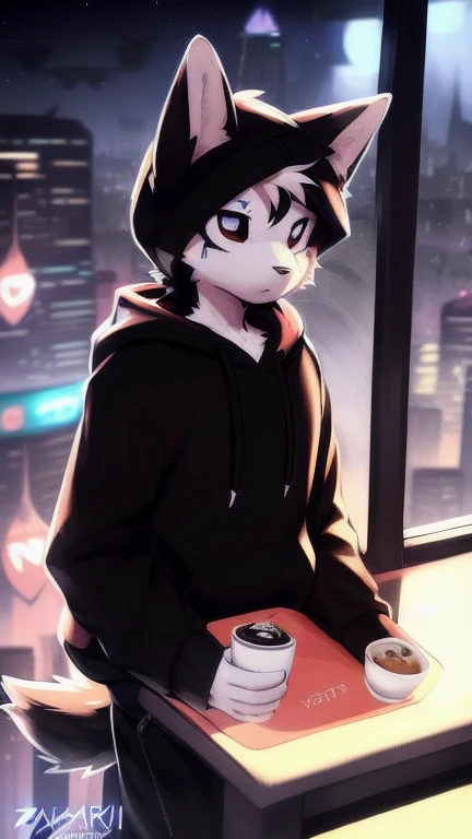 by zackary911, (café con soda:1.1), Hioshiru, zackary911, pure, anthropo, male, Alone, Clothes, by, 2022, black Clothes, hoodie, Clothes de abrigo negra,  eyes with eyelids , black hoodie,  cyberpunk city background, 